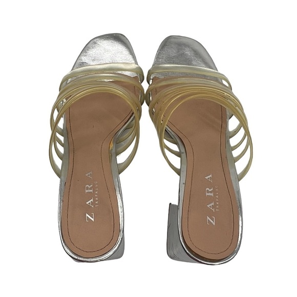 Zara Trafaluc Silver Jelly Strap Block Heel Square Toe Sandals Size 38 Women's - Picture 4 of 10